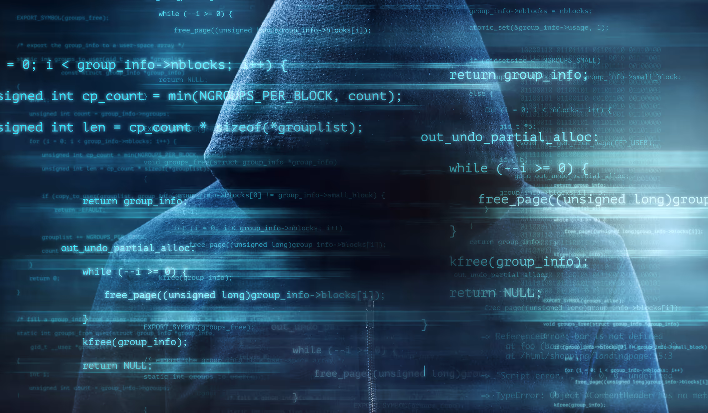 a black screen with blue fog and code, and an outline of a person wearing a hood with their face covered behind the code.
