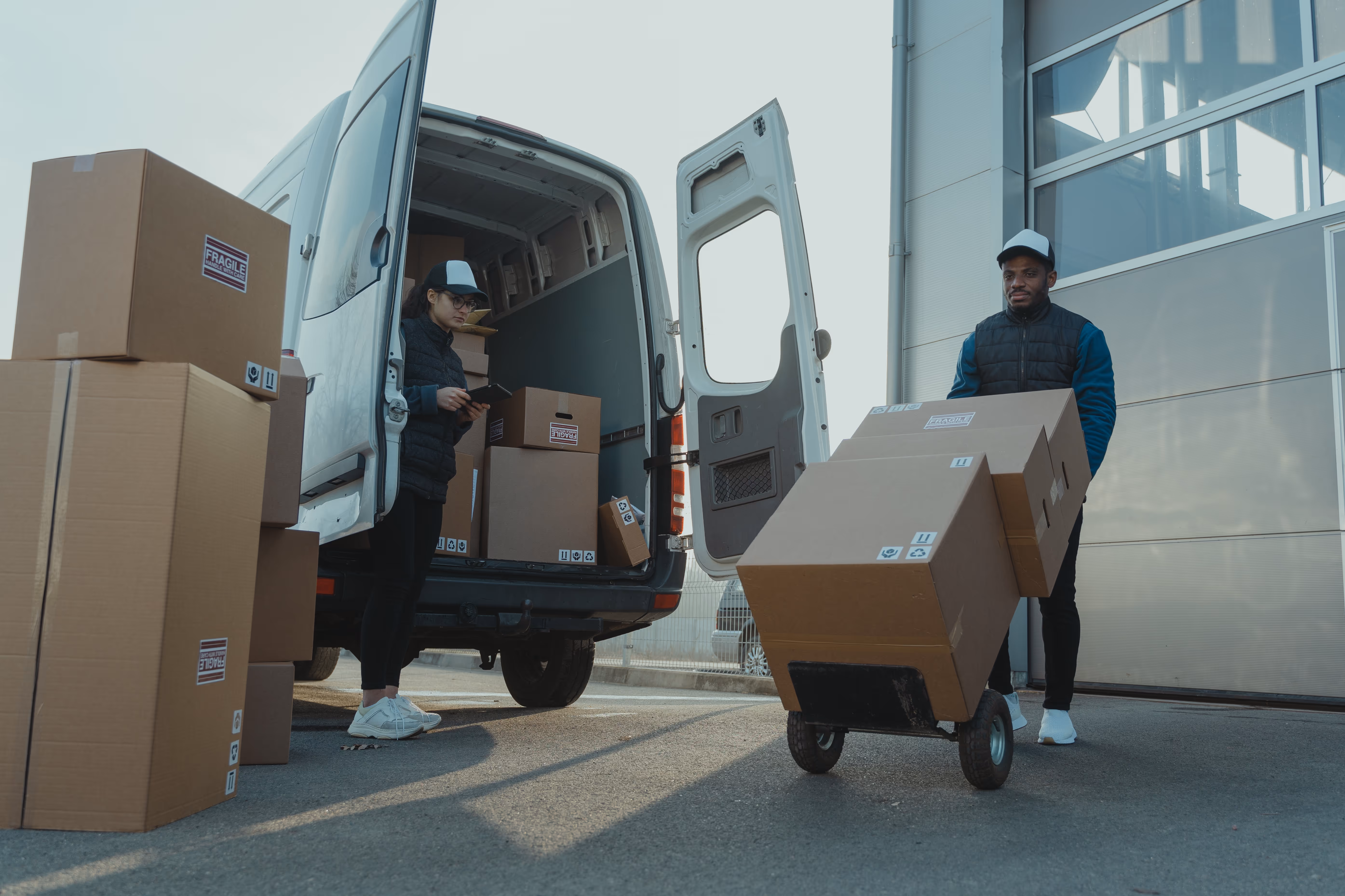 Two workers unloading a delivery van