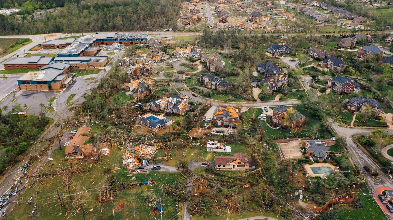 Aerial view of a village destroyed by storm damage