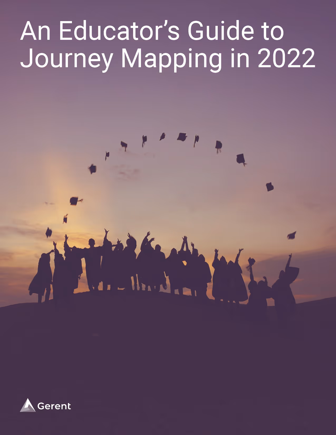 a purple silhouette of students on a hill throwing their graduation caps into the air