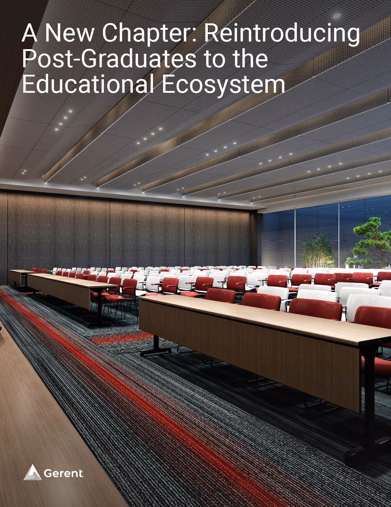 A modern lecture hall with floor to ceiling windows and red and white chairs