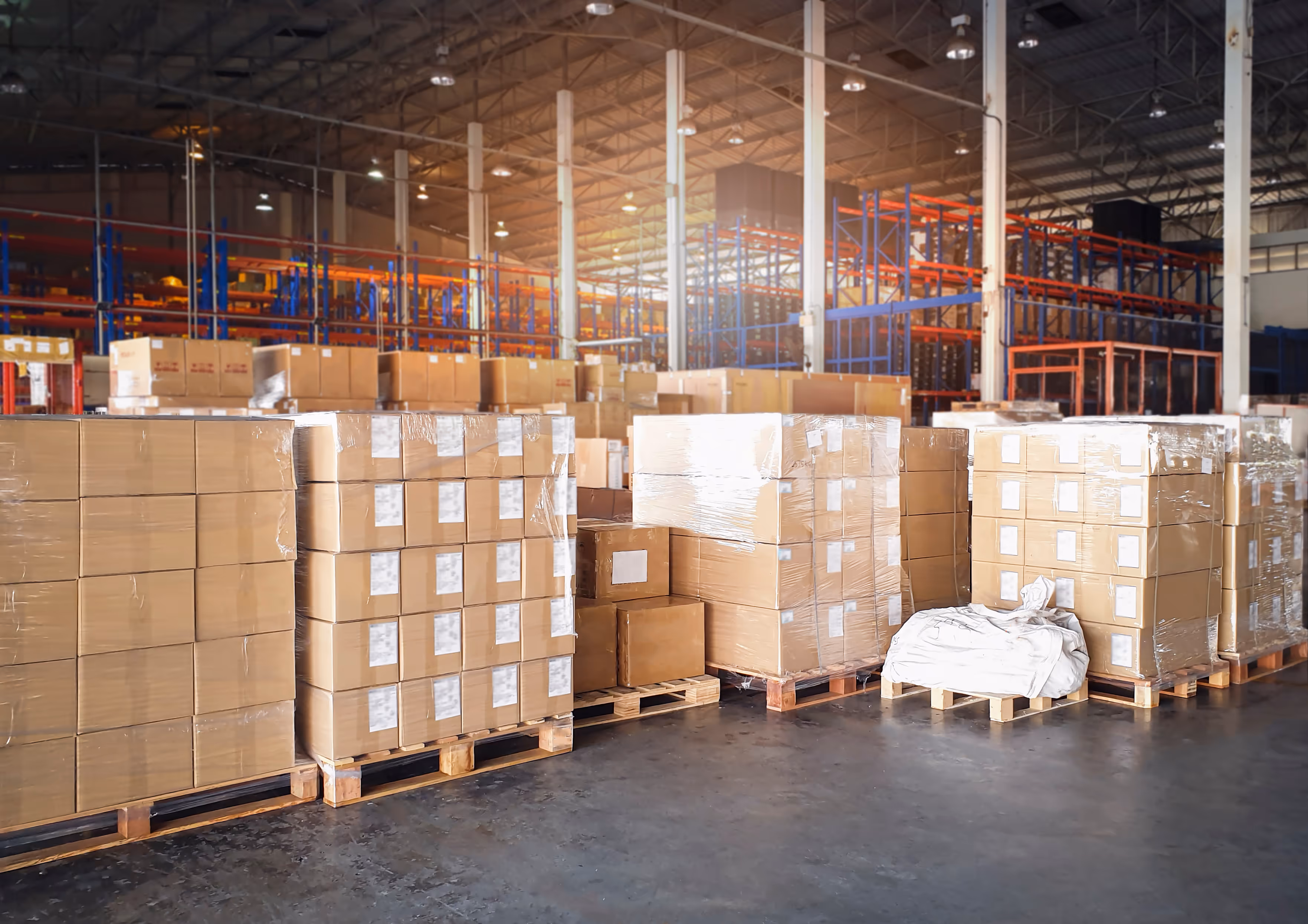 Warehouse full of shipping boxes on pallets