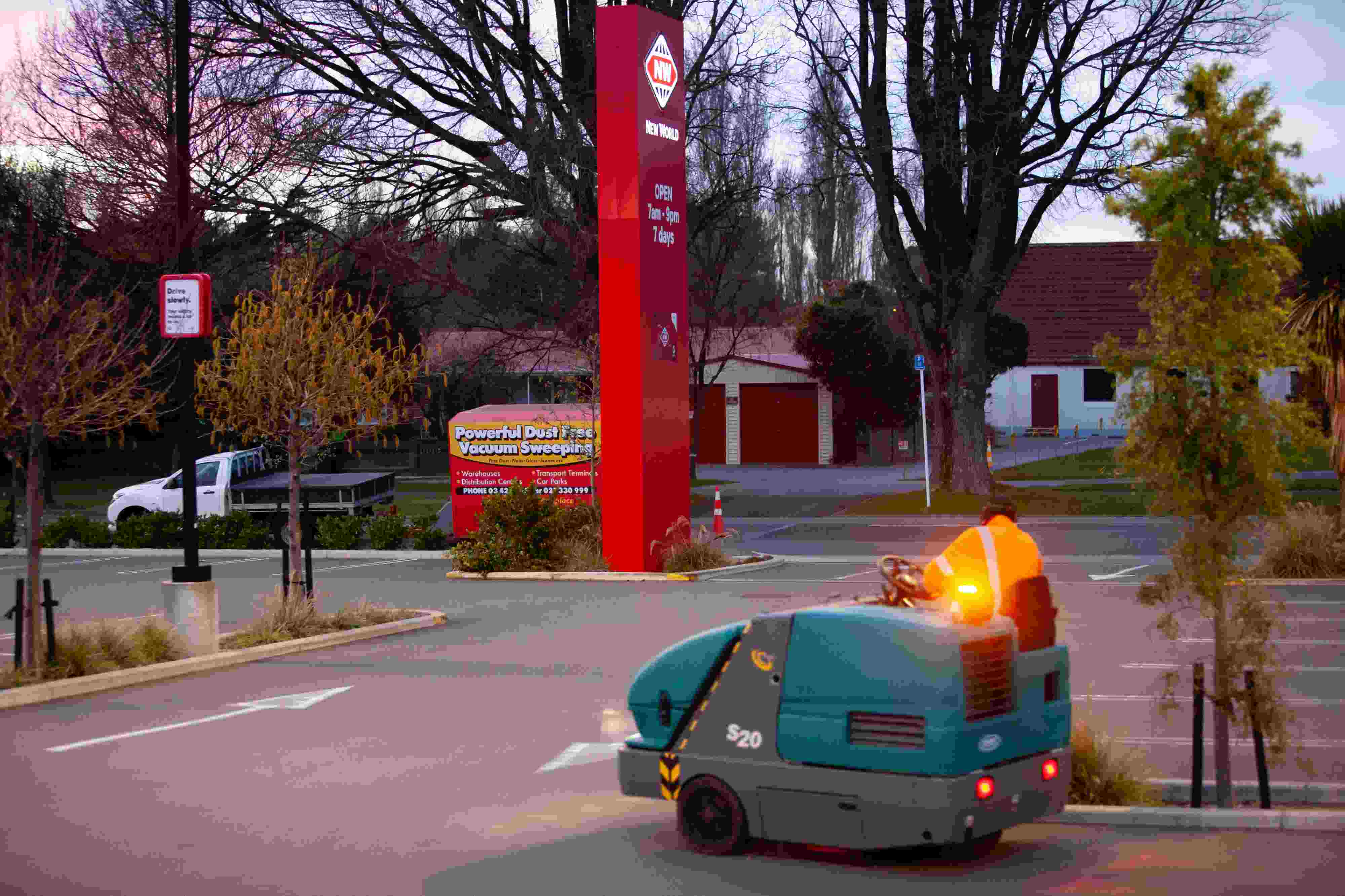 Tennant sweeper sweeping a supermarket carpark in Christchurch