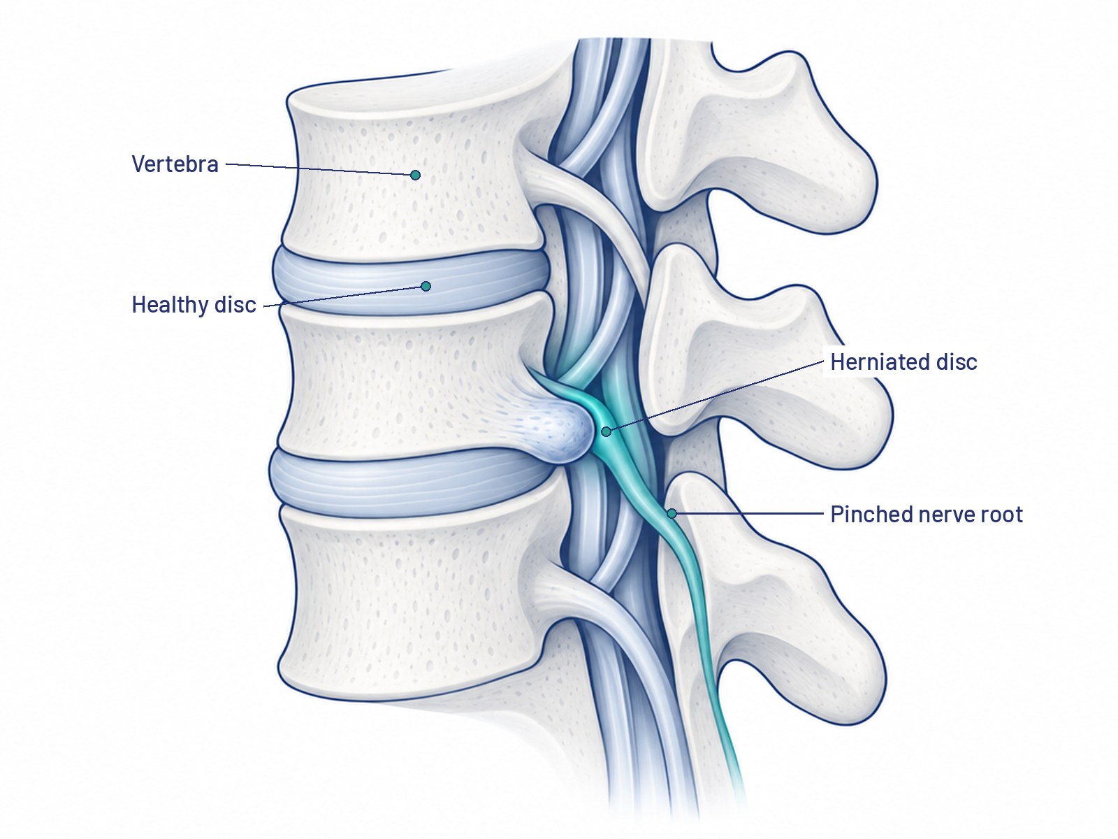 Illustration of a lumbar spine from the side showing a herniated disc pressing on a pinched nerve root