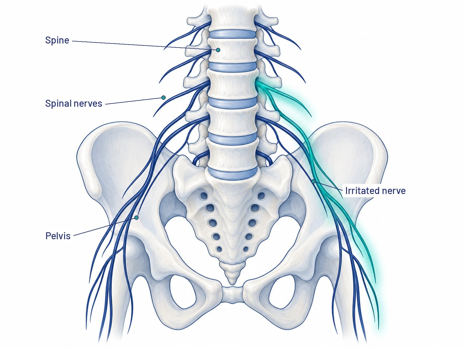 Illustration of the lower spine and pelvis with spinal nerves, one irritated nerve highlighted
