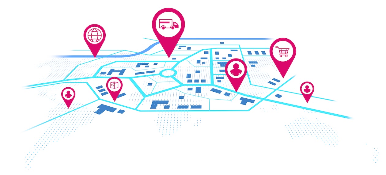 Digital map with route pins representing pest control technician scheduling and optimized service routes.