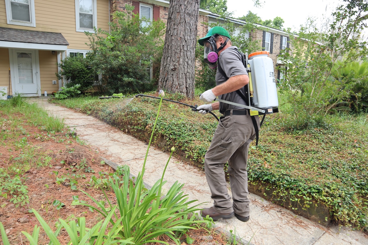 Pest control technician inspecting a residential property for pest activity and treatment needs