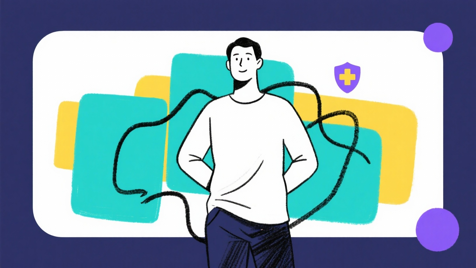 Illustration of calm confident professional surrounded by supportive visual elements representing health security