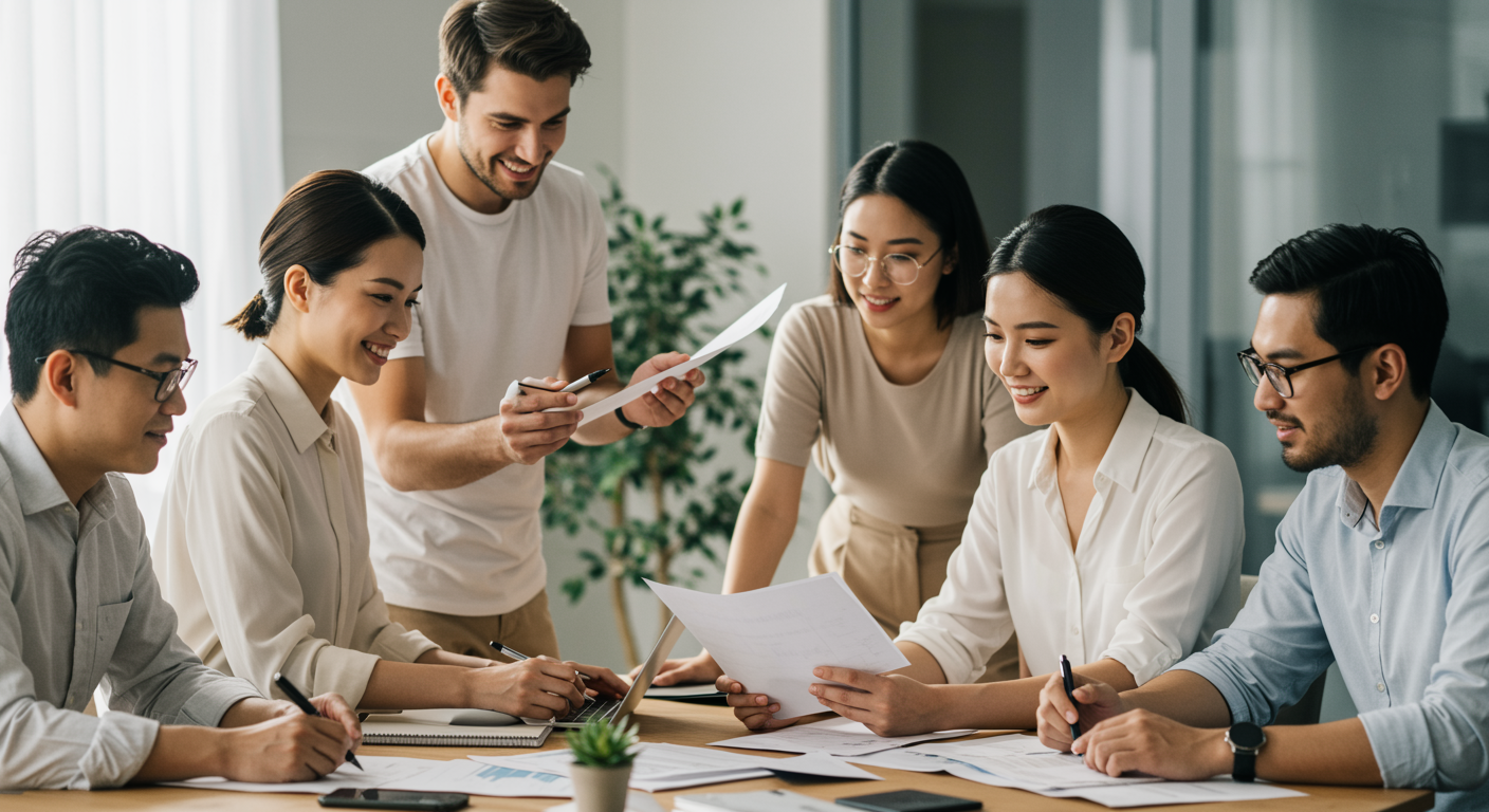 Diverse professionals in workplace discussing health benefits in natural candid setting