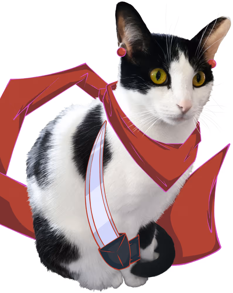 A photo portrait of the artist sitting down. They are a bicolor black and white spotted cat with golden eyes wearing red circular earrings, a red scarf, and a blade strapped to their right paw.