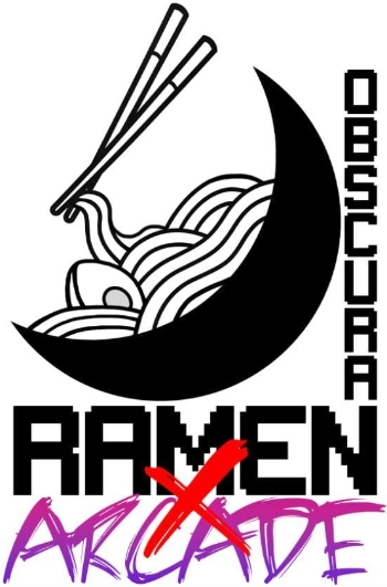 The company logo of OBSCURA RAMEN X ARCADE. It features a pair of chopsticks grabbing noodles out of a bowl shaped like a crescent moon.
