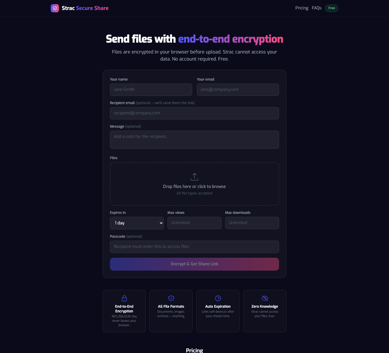 Strac Secure Share upload form — the four security knobs a sender controls