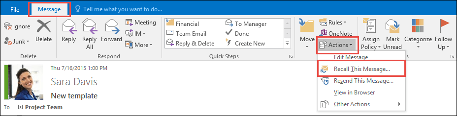 Recall message in Office 365