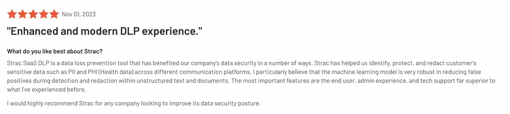 Strac G2 review — Sensitive Data Discovery and DLP rated 5/5, cited by security teams at enterprise scale