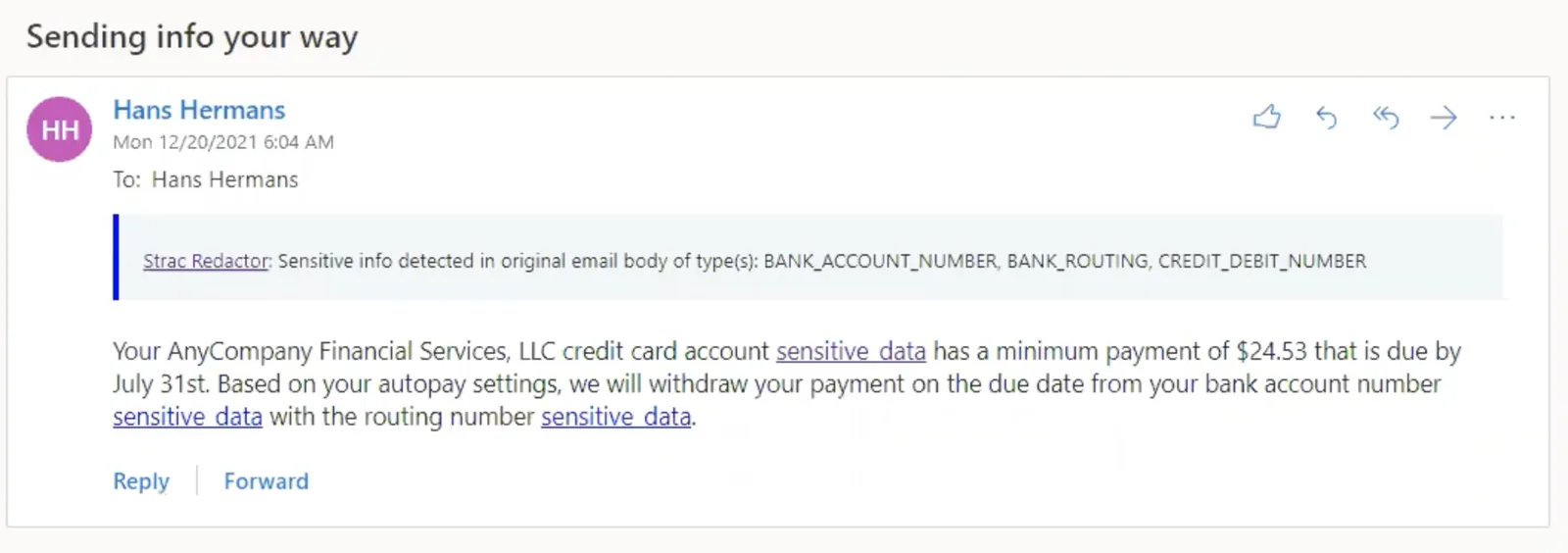 Strac Office 365 email redaction — sensitive data redacted in outbound email