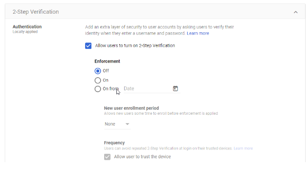 Google workspace security: 2-step security in the Google Admin console.