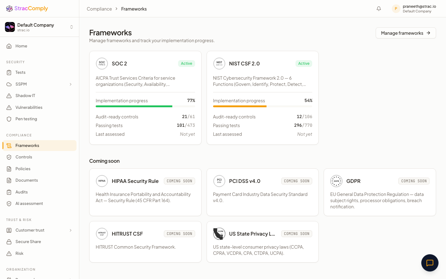 Strac Comply frameworks — SOC 2 and NIST CSF 2.0 active today, with PCI DSS v4.0, HIPAA, GDPR, HITRUST CSF, and US State Privacy Laws rolling out