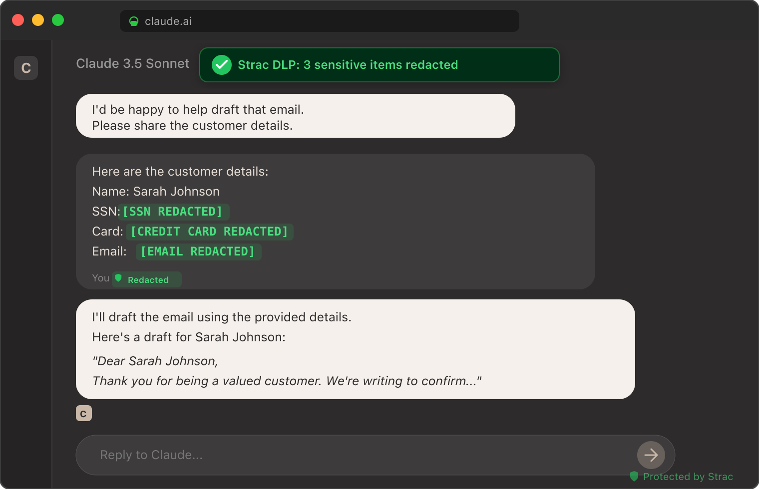 Strac DLP redacting sensitive data in a Claude conversation — PII, PHI, and PCI elements replaced with tokenized placeholders before reaching the model