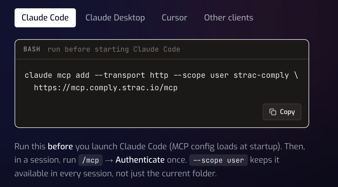 Connect Strac Comply’s MCP server to Claude Code — one claude mcp add command, then authenticate once