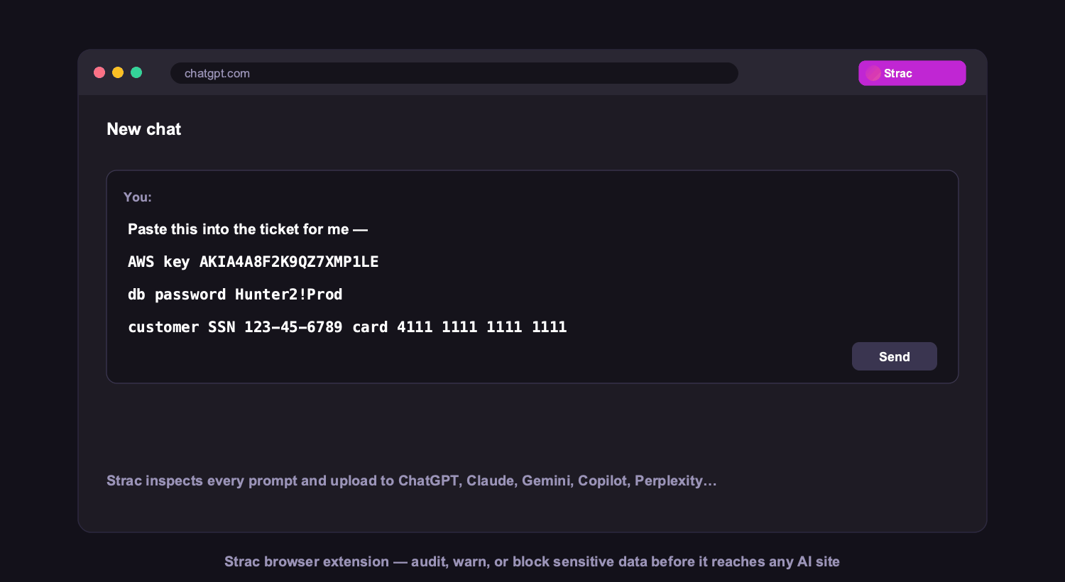 Strac browser DLP warning and blocking a user before a sensitive prompt is submitted to an AI tool