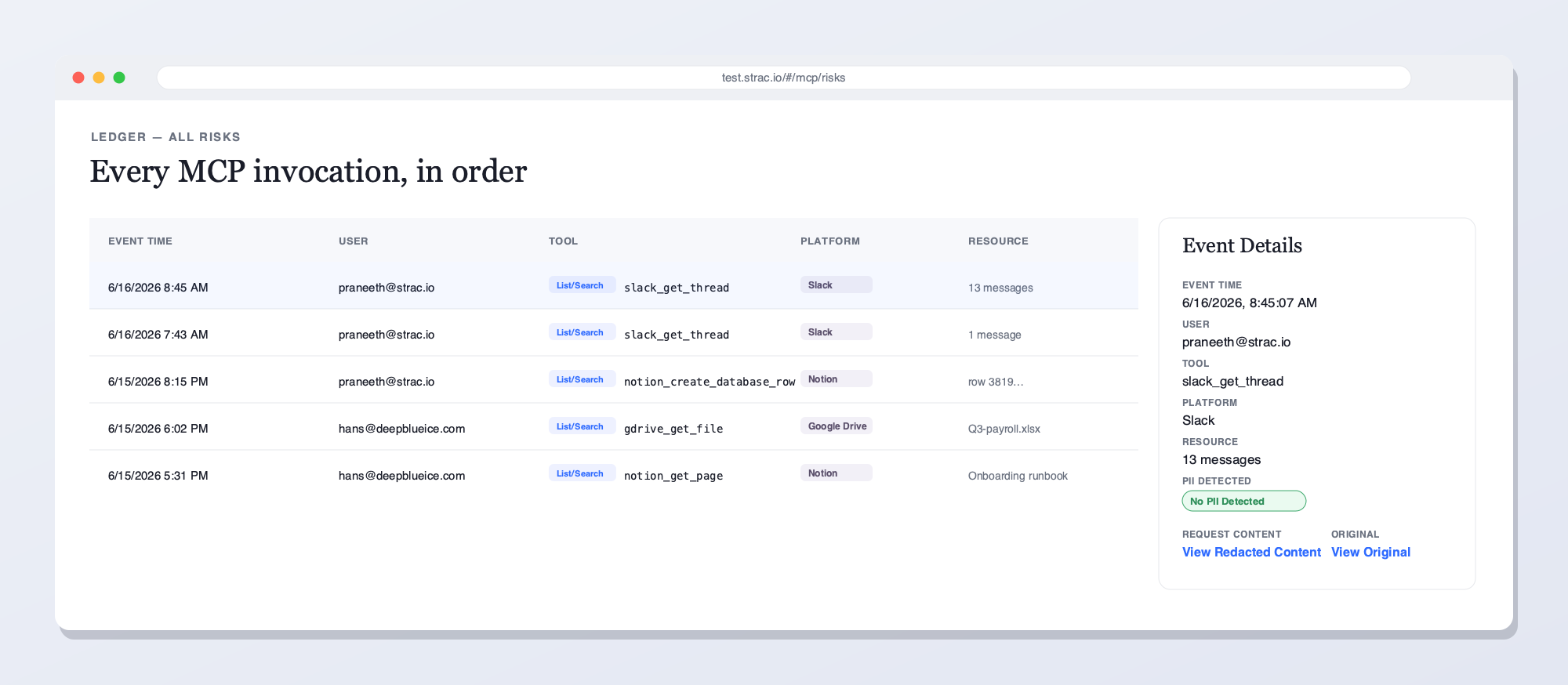 Strac MCP invocation ledger for Figma — redacted vs original content and audit trail