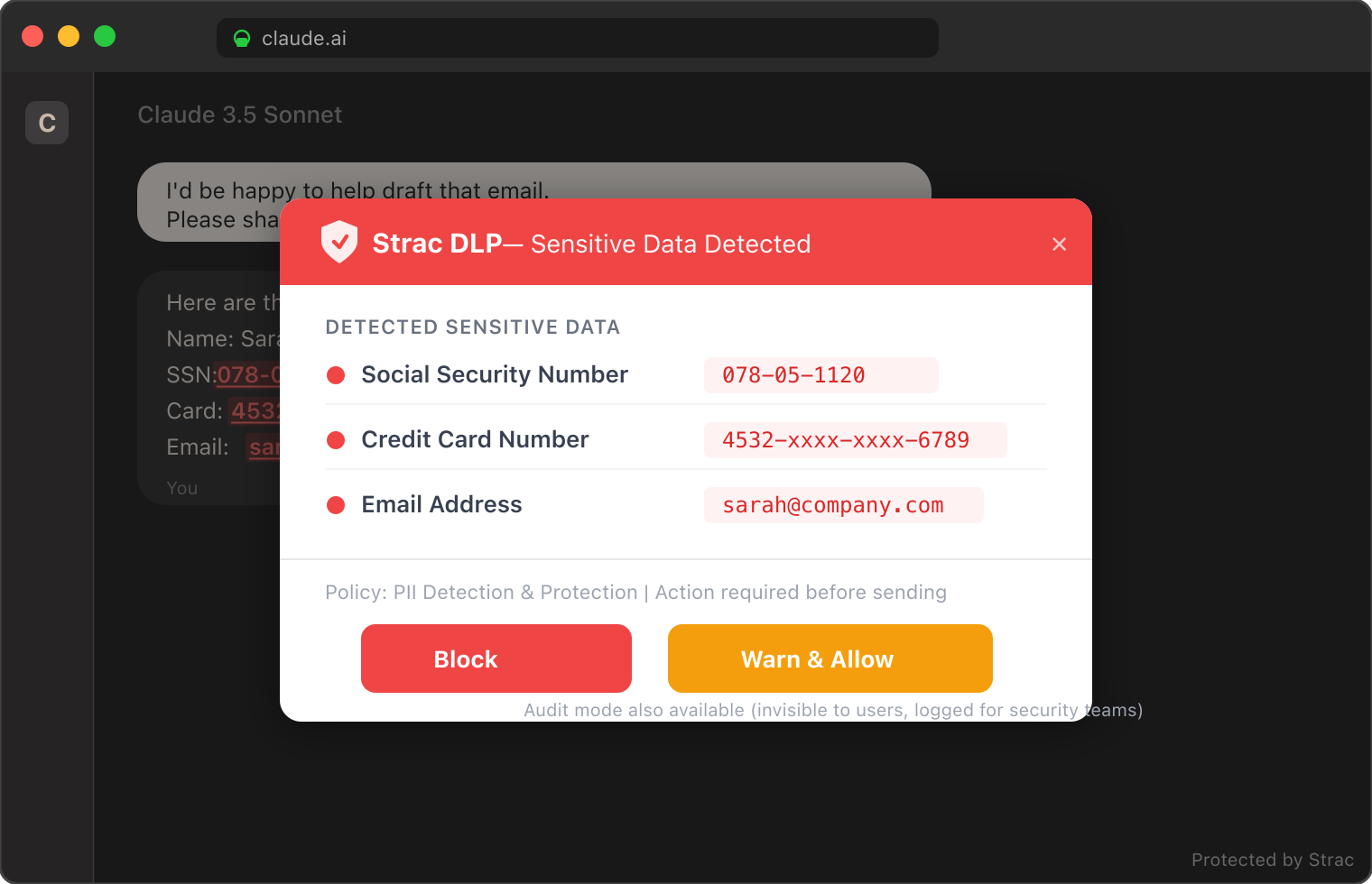 Strac DLP block and warn prompt in Claude showing detected SSN, credit card, and email with Block and Warn & Allow options
