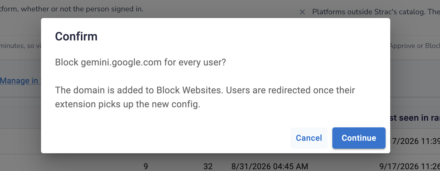 Strac confirm dialog: block a GenAI tool for every user