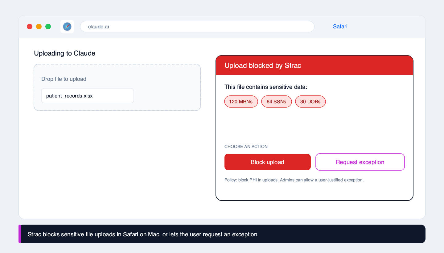 Strac blocking a spreadsheet of patient records, MRNs, and SSNs from being uploaded to Claude in Safari on Mac, with an option for the user to request an exception