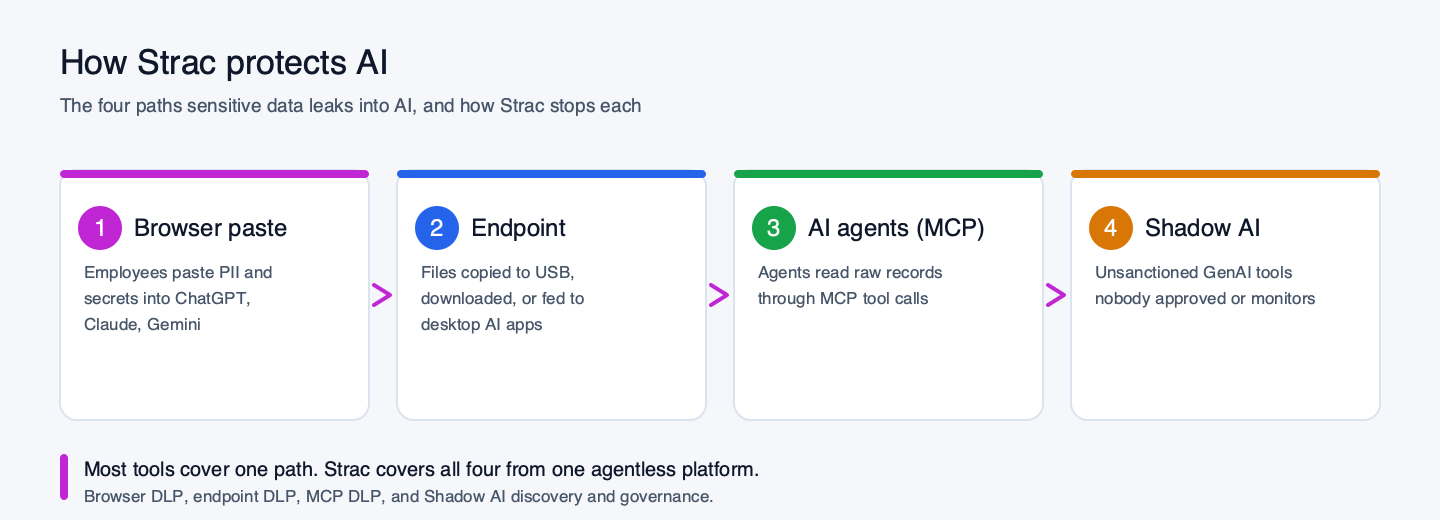 The four paths sensitive data leaks into AI: browser paste, endpoint, AI agents via MCP, and shadow AI, and how Strac stops each