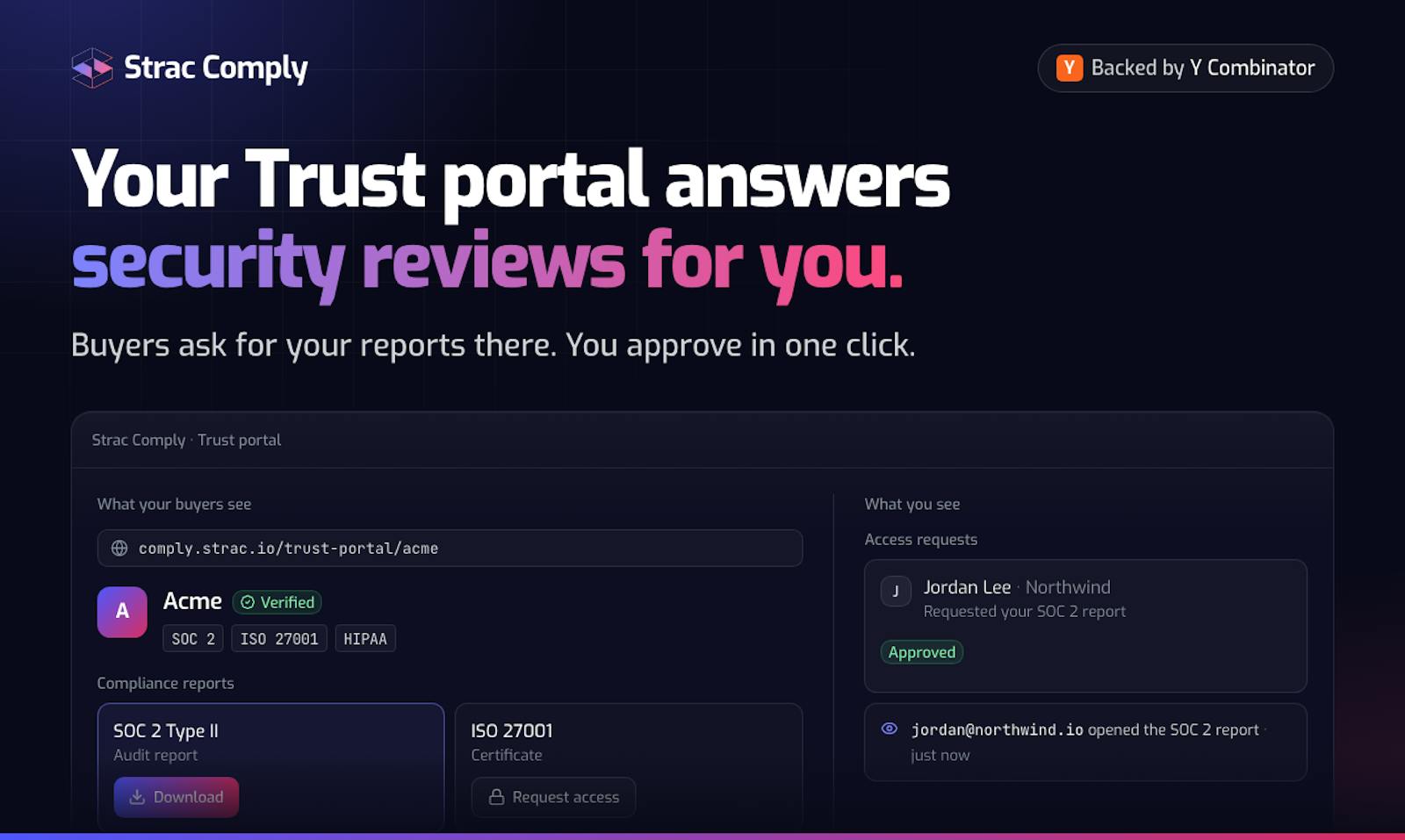 Strac Comply trust portal where buyers request your SOC 2 and ISO reports
