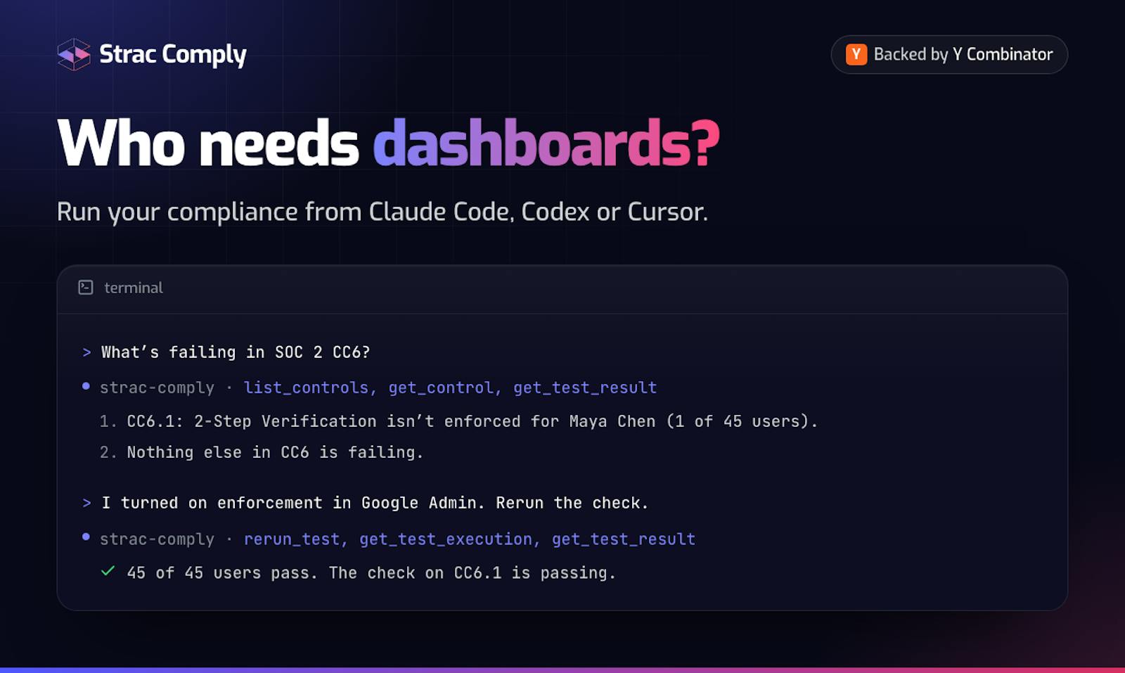 Strac Comply readiness dashboard showing multi-framework audit progress, tests, trust portal, and vendor risk