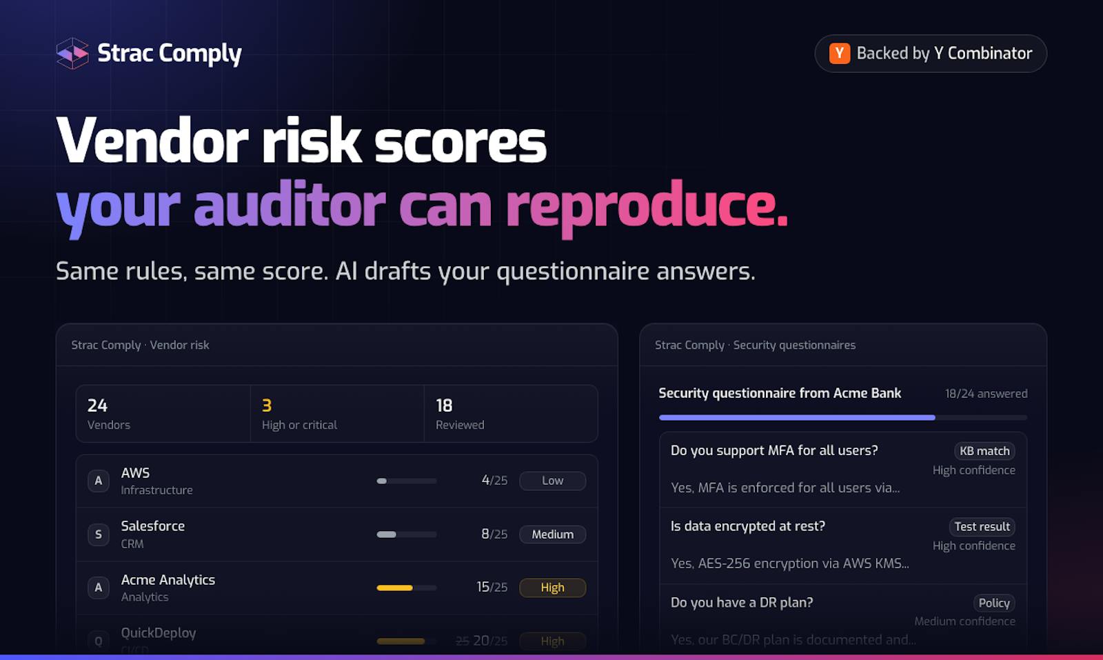 Strac Comply vendor risk scoring and AI-drafted security questionnaire answers