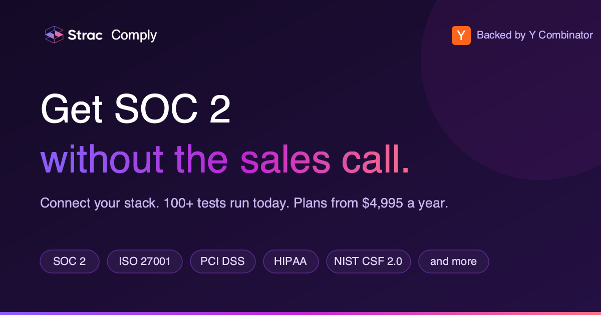 Get compliant without the sales call: Strac Comply, plans from $4,995 a year, all five frameworks included