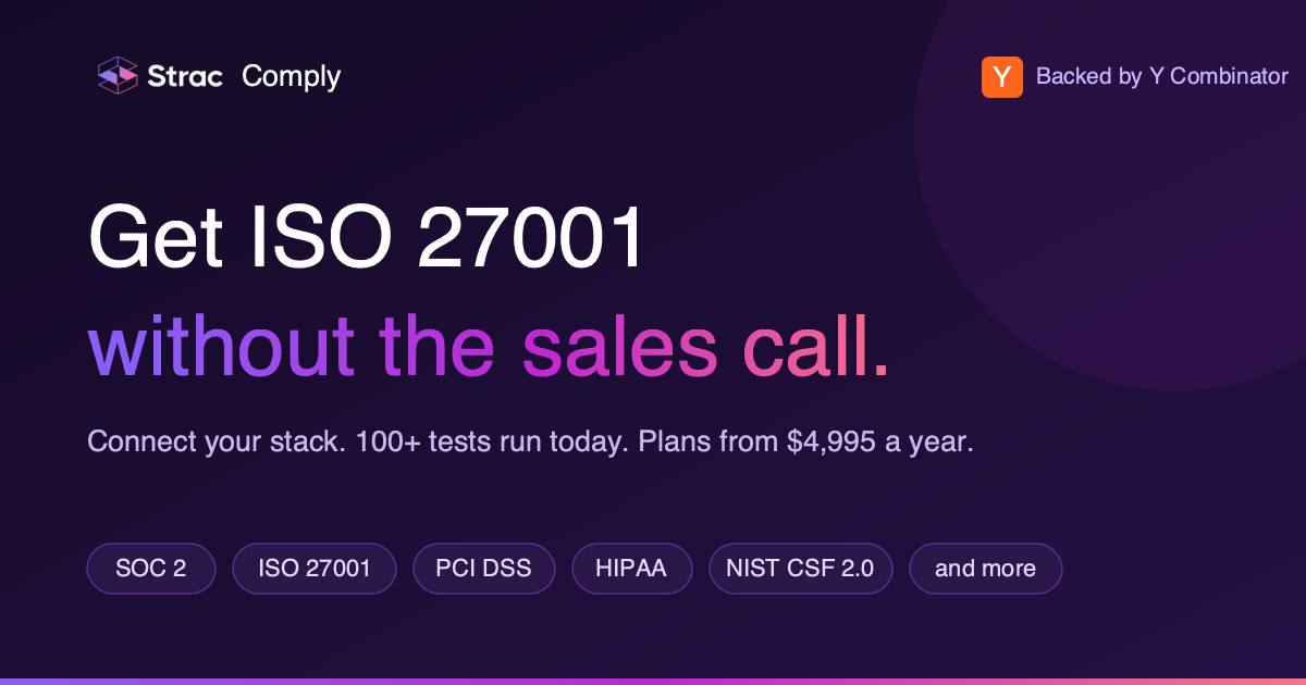 Get compliant without the sales call: Strac Comply, plans from $4,995 a year, all five frameworks included