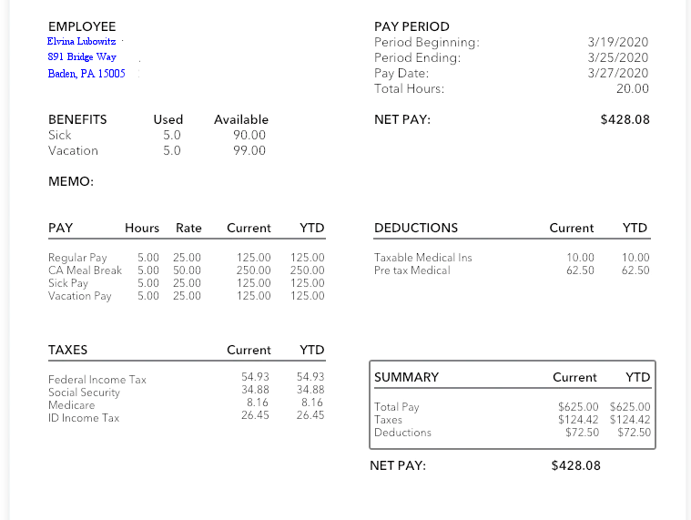 Pseudonymized paystub — employee name, address, and pay figures replaced with realistic fakes