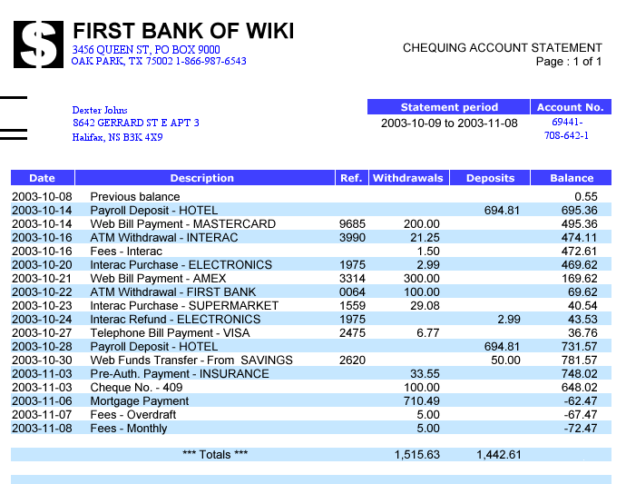 Pseudonymized bank statement — account holder and account numbers replaced with realistic fakes