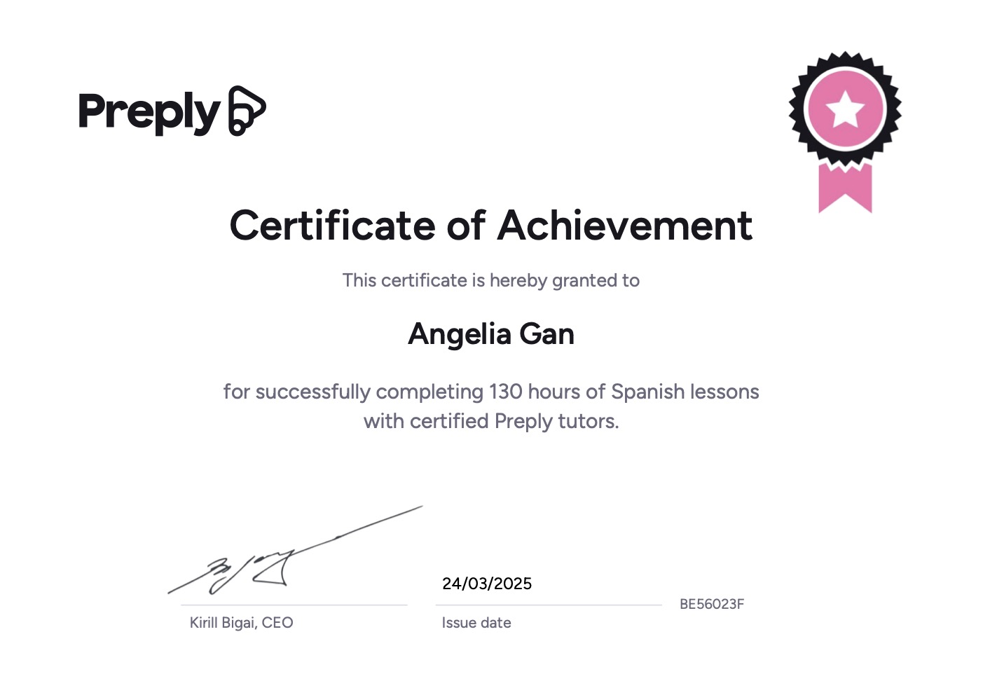 Certificate of Achievement for 130 hours of spanish classes on Preply