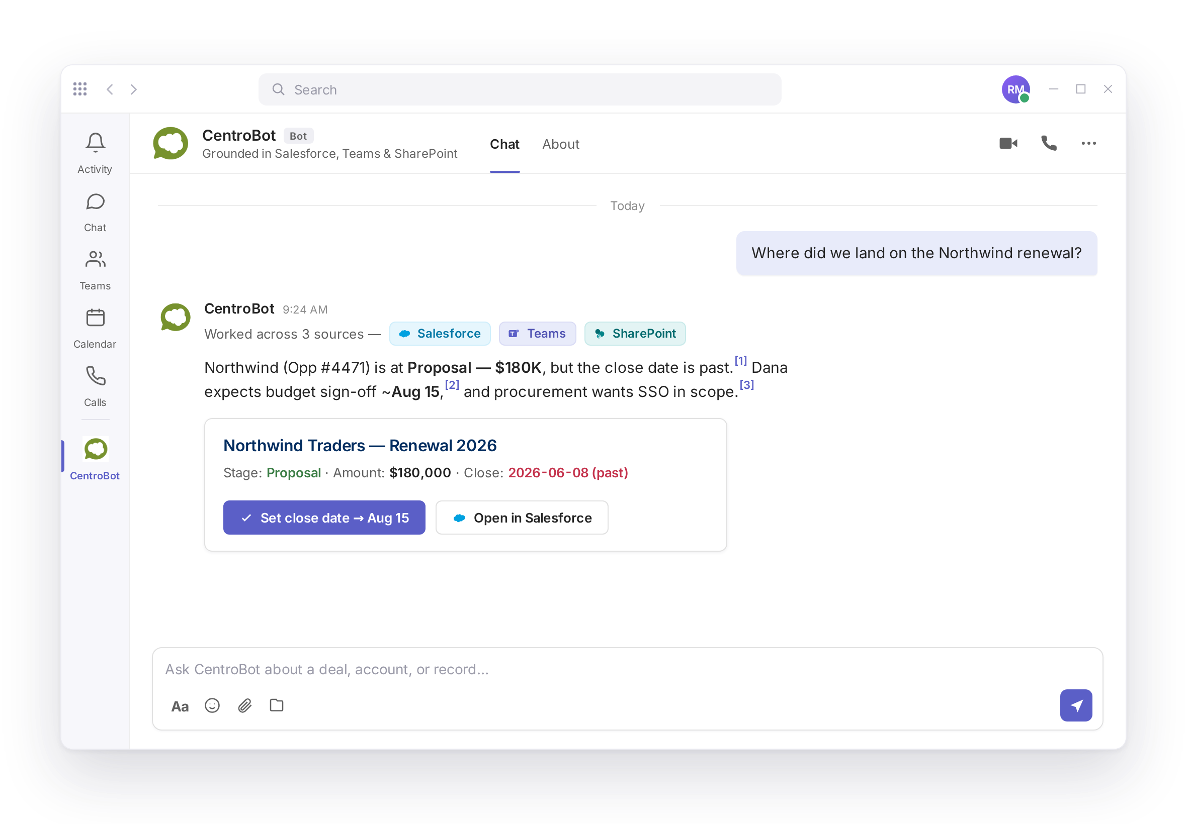 CentroBot in Microsoft Teams answering a renewal question with cited sources from Salesforce, Teams, and SharePoint.