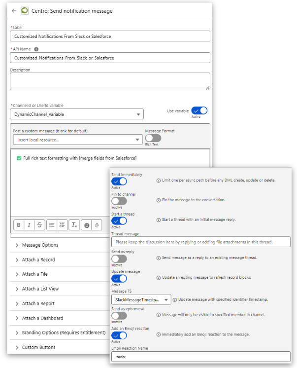 Centro notification action configuration in Salesforce Flow Builder