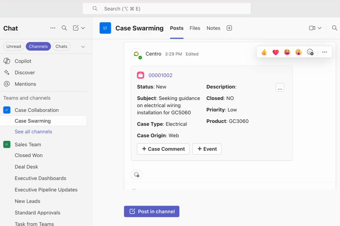 A Salesforce case record card posted by Centro in a Microsoft Teams channel named Case Swarming, showing case fields alongside Case Comment and Event action buttons.