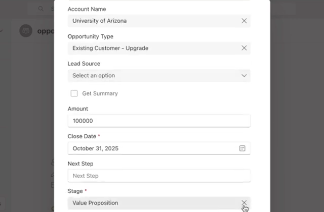 The Centro Edit Opportunity form open inside Microsoft Teams, showing editable Salesforce fields including account name, opportunity type, amount, close date and stage.