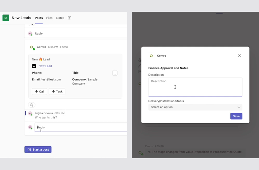 A Centro new lead alert with Call and Task buttons in a Microsoft Teams channel shown next to the Centro Finance Approval and Notes form that an action button opens.