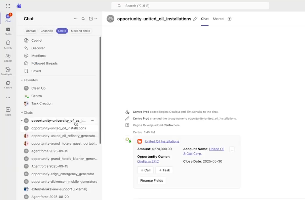 The Microsoft Teams sidebar listing Salesforce record-named chats for individual opportunities, with one opportunity conversation open beside its Centro record card.