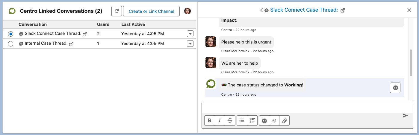 Centro Linked Conversations on the Salesforce case, with the Slack Connect thread open and a reply box for the agent.