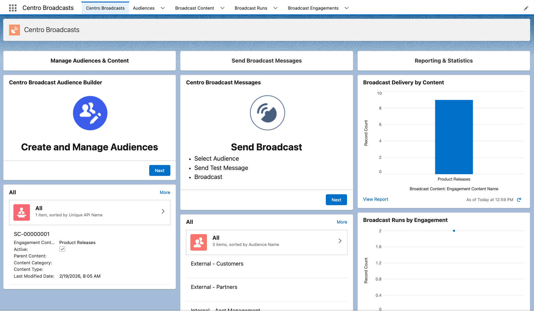 Centro Broadcasts app in Salesforce with the audience builder, broadcast sending, and delivery reports.