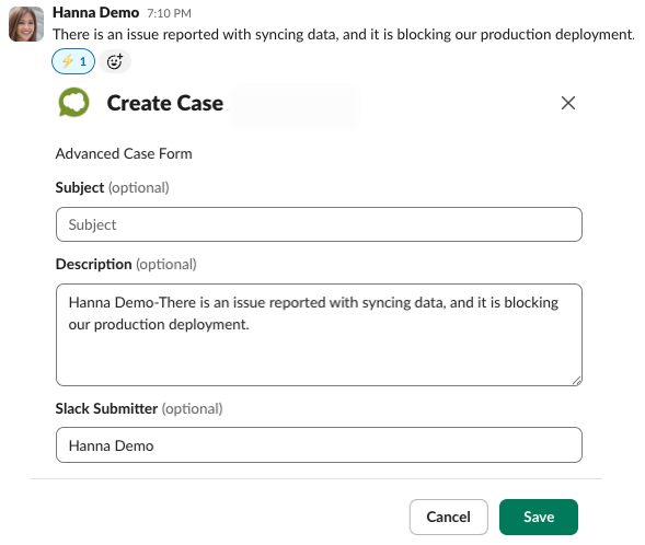 A customer message in Slack Connect with a lightning reaction, and the Centro Create case form open with the subject and description filled in from the message.