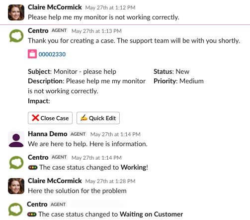 A Slack Connect support thread where Centro posts the new case, then posts each status change automatically, first to Working and then to Waiting on Customer.