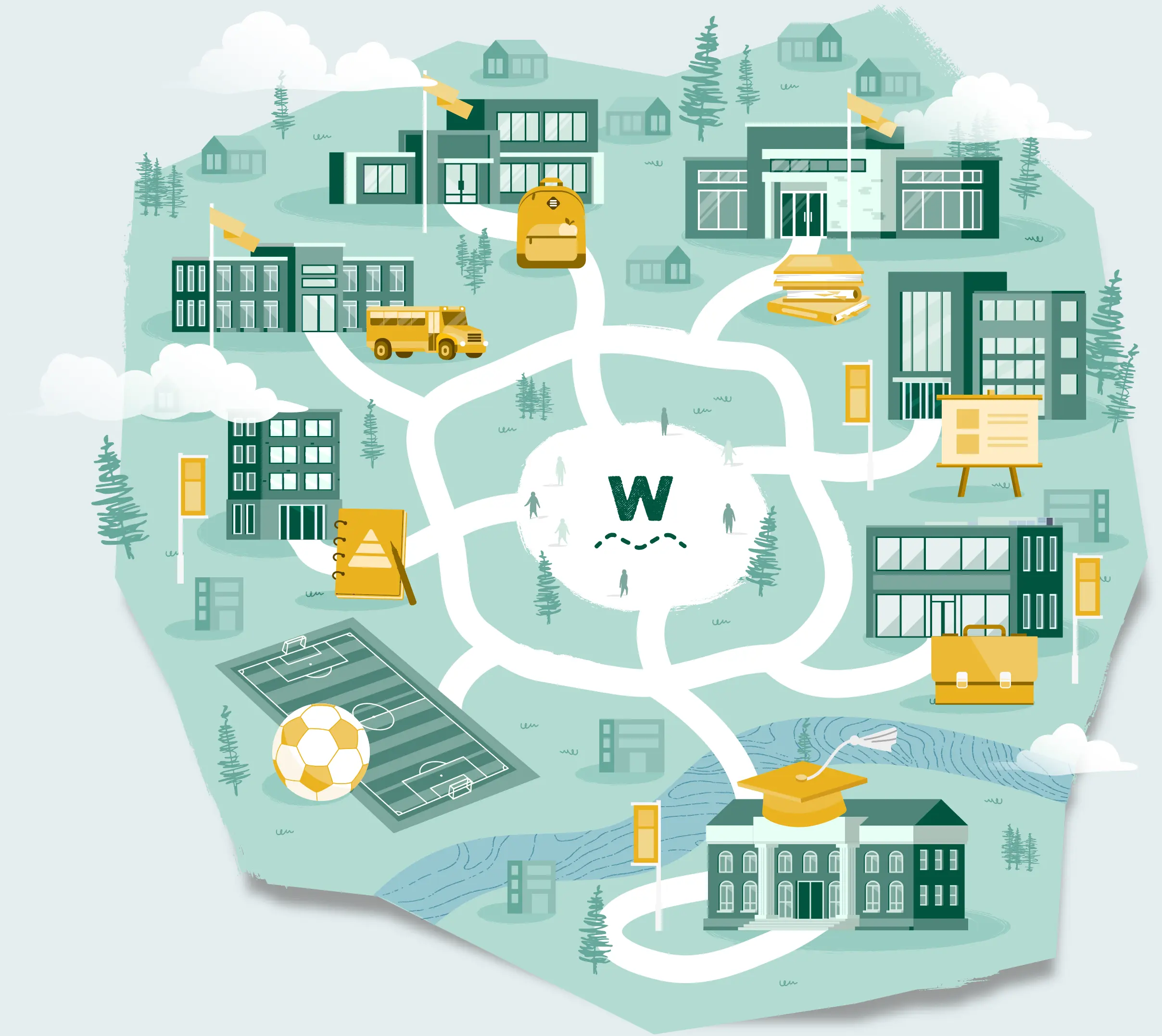 Illustrated educational campus map with buildings, pathways, a soccer field, and icons representing school-related items like a backpack, books, graduation cap, and briefcase.