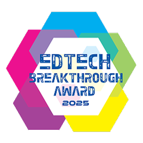 EdTech Breakthrough Award 2025 logo with layered colorful hexagons in pink, purple, blue, teal, green, and yellow.