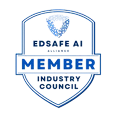 Blue-edged shield emblem with 'EdSafe AI Alliance Member Industry Council' text and stylized shield logo at top.